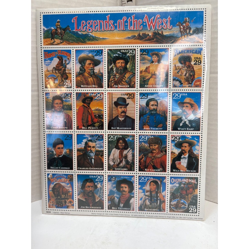 USPS Legends of the West 29 Cent Stamp Sheet 20 Stamps Bill Pickett 1994 Vintage